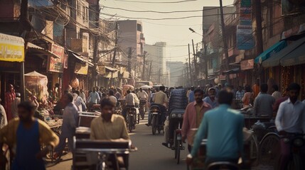 Many people and rickshaws move slowly in the very crowded streets of Old Delhi in India. full ultra HD, High resolution - obrazy, fototapety, plakaty