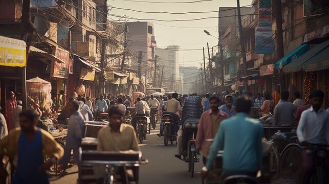 Many people and rickshaws move slowly in the very crowded streets of Old Delhi in India. full ultra HD, High resolution