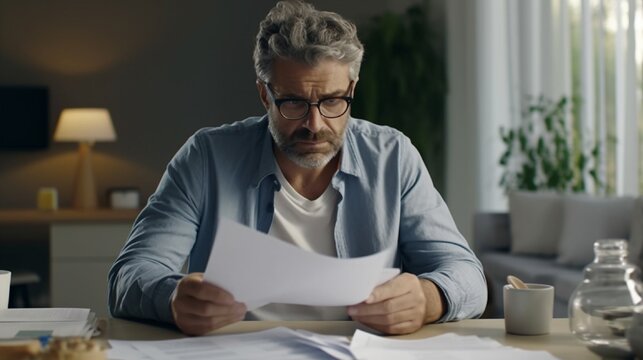 Mature man sitting at home, stressed and confused by calculate expense from invoice or bill, have no money to pay, mortgage or loan. Debt, bankruptcy or bankrupt concept full ultra HD, High resolution