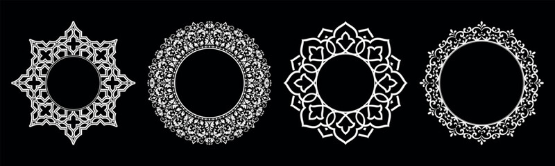 Set of decorative frames Elegant vector element for design in Eastern style, place for text. Floral black and white borders. Lace illustration for invitations and greeting cards.