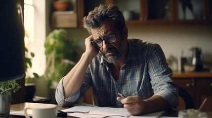 Mature man sitting at home, stressed and confused by calculate expense from invoice or bill, have no money to pay, mortgage or loan. Debt, bankruptcy or bankrupt concept full ultra HD, High resolution - obrazy, fototapety, plakaty