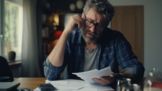 Mature man sitting at home, stressed and confused by calculate expense from invoice or bill, have no money to pay, mortgage or loan. Debt, bankruptcy or bankrupt concept full ultra HD, High resolution