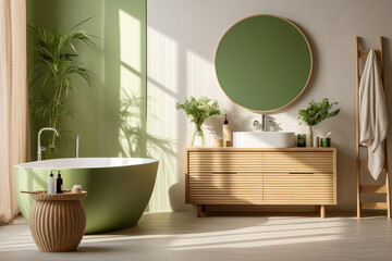 Modern bathroom, minimalistic clear interior design with green, white and beige colors with wooden...