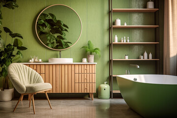 Modern bathroom, minimalistic clear interior design with green, white and beige colors with wooden...