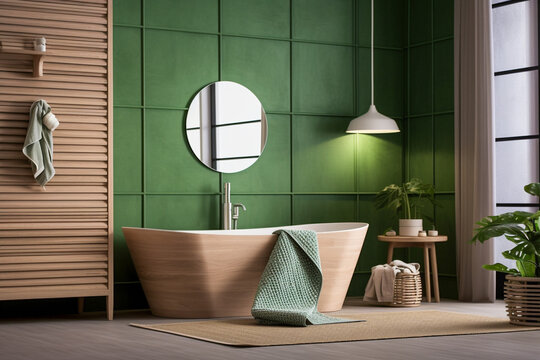 Modern Bathroom, Minimalistic Clear Interior Design With Green, White And Beige Colors With Wooden Texture