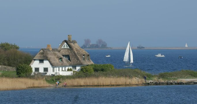 Thatched roof houses and sailing boat near Rabelsund, Rabel, Schlei, Schleswig-Holstein, Germany, Europe