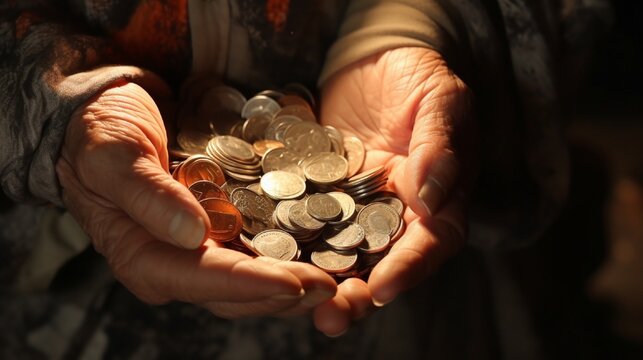 Money In Hand., close up. An old woman holds coins in her hands. Concept of economic crisis and social issues. full ultra HD, High resolution