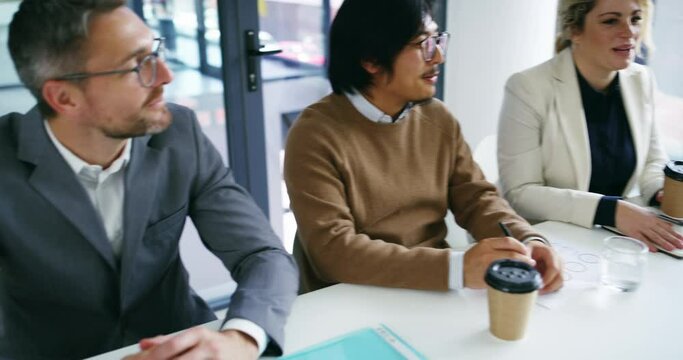 Meeting, handshake and pov with a business team in the boardroom together for planning or strategy. Collaboration, management and leadership with a man and woman employee group in an office workshop