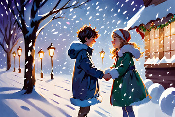 Christmas in December A girl and a shy boy are holding hands looking at each other.
Generative AI
