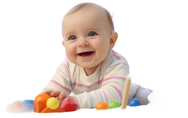Fototapeta na wymiar Smiling Baby Playing with a Colorful Toy Isolated on Transparent Background PNG.