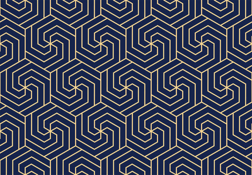 Abstract geometric pattern with stripes, lines. Seamless vector background. Gold and dark blue ornament. Simple lattice graphic design