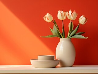 Tulips on a pot of water and a table with orange wall generative ai