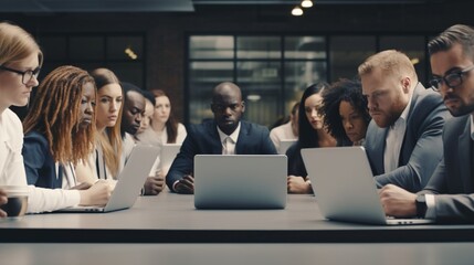 Multiracial office rivals looking at each other with hate envy sitting with laptops, corporate competitors african and caucasian employees compete in business work, team rivalry at workplace concept