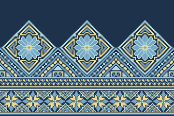 flower embroidery on blue background. ikat and cross stitch geometric seamless pattern ethnic oriental traditional. Aztec style illustration design for carpet, wallpaper, clothing, wrapping, batik.