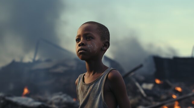 Neglected, malnourished African boy standing desolate in the midst of a smelly and smoking garbage dump; social issue of child abandon full ultra HD, High resolution