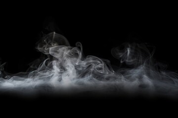 Ethereal elegance. White smoke and mist in motion. Swirling shadows. Artistry of black background. Mystical veil. Abstract fog on dark canvas