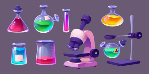 Chemical lab microscope and flasks set isolated on background. Vector cartoon illustration of laboratory glassware with color liquid substances, glass bottle, test tube holder, beaker, science assets © klyaksun