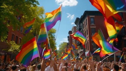 NEW YORK CITY : Participants celebrate at the annual Gay Pride Parade waving rainbow flags as they pass through Greenwich Village