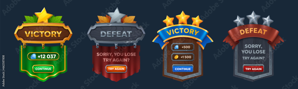 Poster win and lose game user interface badges. cartoon vector set of victory and defeat labels with ribbon