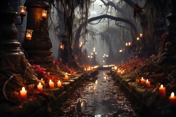 Graves swathed in Spanish moss and autumn vines, with Halloween garlands and lit candles placed among them. Generative Ai
