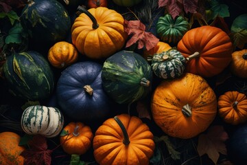 Different hues and strains of pumpkin displayed against fallen leaves . Generative Ai