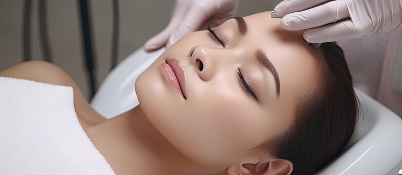 Asian woman receiving facial skin treatment in beauty salon Close up of beautician s hands performing ultrasound cavitation and anti aging procedure With copyspace for text