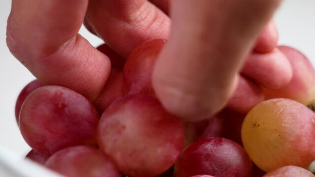 Hand takes fresh sweet red grape berry from a glass bowl close up. Sweetness concept