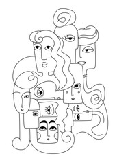 Creative art with different doodle portraits. Illustration in abstract style.
