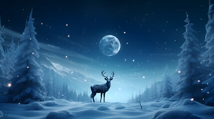 A reindeer at winter night with full moon - obrazy, fototapety, plakaty