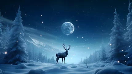 Papier Peint photo Bleu Jeans A reindeer at winter night with full moon