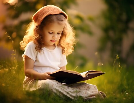 Little girl reading holy bible book in the green field at sunrise