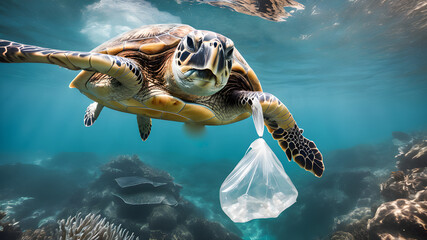 Hawaiian Green Sea Turtle (Chelonia mydas) with plastic bag in ocean. - obrazy, fototapety, plakaty