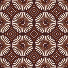 Seamless geometric vector pattern with circles, rhombuses. Vintage pattern design. White, orange, brown colors. Color vector background for textile, fabric, design. Vector illustration.