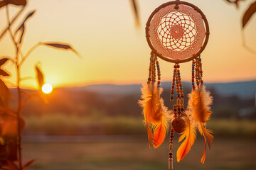 Indian dream catcher hanging in the morning light with a blurred background - obrazy, fototapety, plakaty