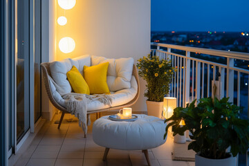 Modern balcony, yellow and blue colors. Minimalistic clear interior design