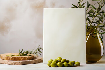 Mock up that captures the essence of olive oil as culinary inspiration, green olives