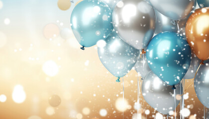 Beautiful Festive Background with Gold and Blue Balloons