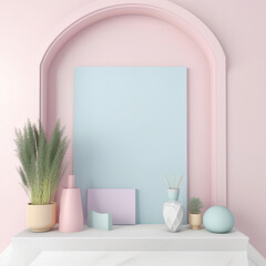 Minimalist interior room mock up, empty blue wall, pink color and soft light
