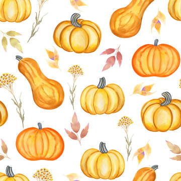 Orange watercolor pumpkins seamless pattern. Hand drawn endless background with harvest and autumn leaves. Cozy backdrop of fabric and wallpaper.