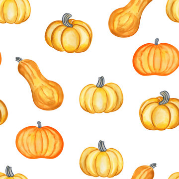 Orange watercolor pumpkins seamless pattern. Hand drawn endless background with harvest. For fabric and wallpaper.