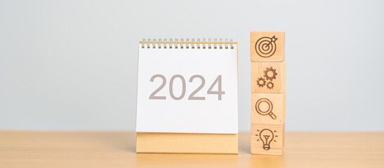 2024 Year Calendar with wood Business block, Goal, strategy, target, Resolution, mission, action,...