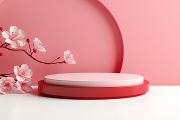 Empty 3D podium mock up on pink background for product promotion, brand merchandise display