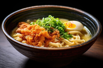Udon noodle, thick wheat noodle served in a savory broth with spring onion and soft boiled egg.