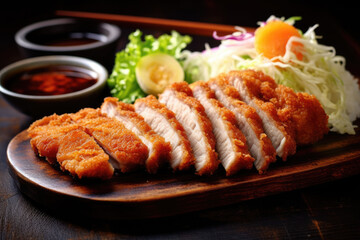 Tonkatsu breaded, deep fried pork cutlet with sauce and slices of cabbage