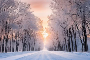Fotobehang Snowy forest paradise, a world of serene beauty, winter charm © IonelV