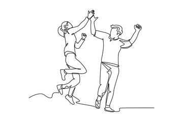 Continuous one line drawing young happy couple male and pretty female so happy, jumping give high five gesture together. Business teamwork concept. Single line draw design vector graphic illustration