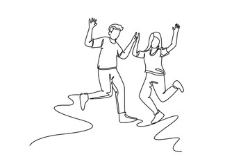 Fototapeta na wymiar Single continuous line drawing young happy student couple jumping to celebrate their final exam result graduation together. Campus life education concept. One line graphic design vector illustration