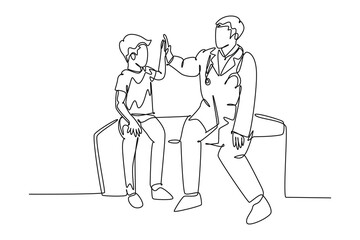 Single continuous line drawing young happy male doctor checking up sick patient boy and give high five gesture. Medical healthcare service treatment. One line draw graphic design vector illustration