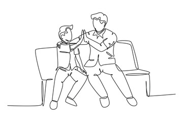 Single continuous line drawing young happy father sitting relax on wood bench next to his kid and giving high fives gesture. Parenting family concept. One line draw graphic design vector illustration
