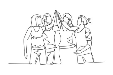 Single one line drawing group of happy women giving high five gestures after doing some aerobic exercise at gymnasium together. Fitness concept. Continuous line draw design graphic vector illustration